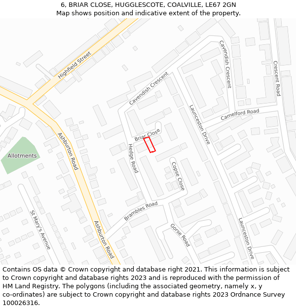 6, BRIAR CLOSE, HUGGLESCOTE, COALVILLE, LE67 2GN: Location map and indicative extent of plot