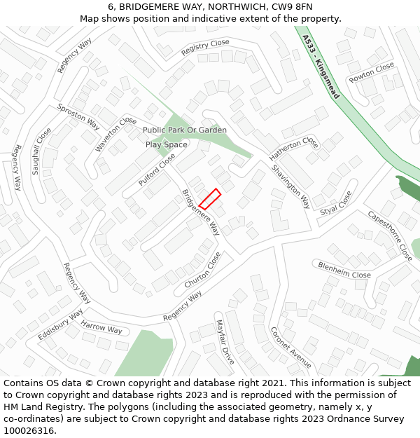 6, BRIDGEMERE WAY, NORTHWICH, CW9 8FN: Location map and indicative extent of plot