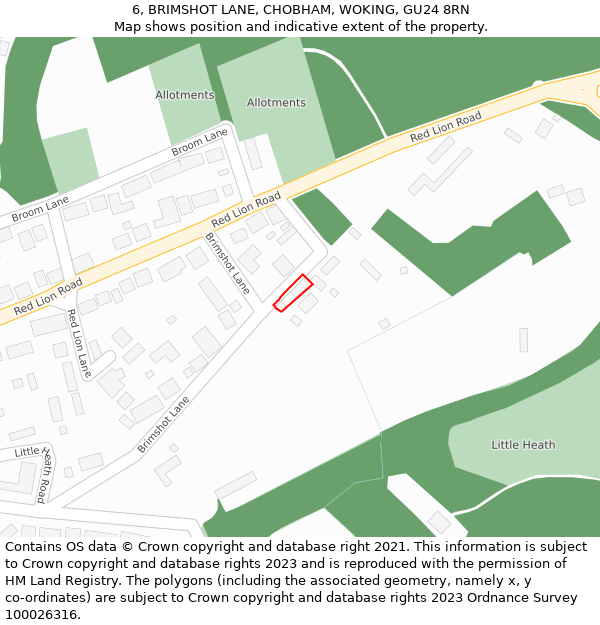 6, BRIMSHOT LANE, CHOBHAM, WOKING, GU24 8RN: Location map and indicative extent of plot