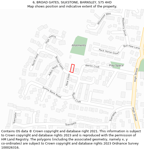 6, BROAD GATES, SILKSTONE, BARNSLEY, S75 4HD: Location map and indicative extent of plot