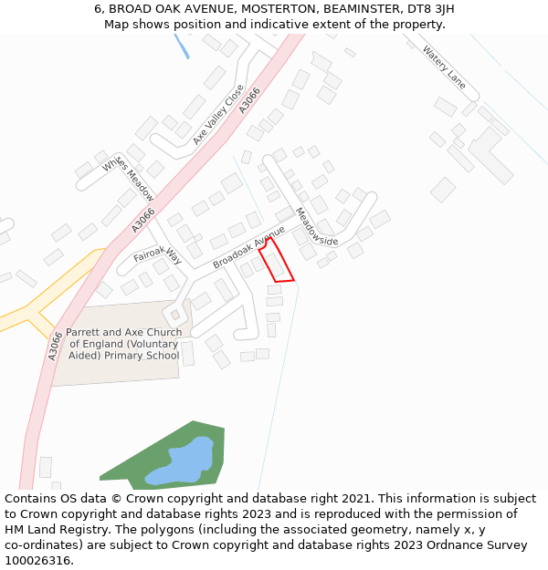 6, BROAD OAK AVENUE, MOSTERTON, BEAMINSTER, DT8 3JH: Location map and indicative extent of plot