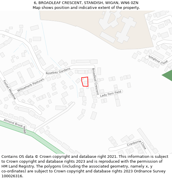 6, BROADLEAF CRESCENT, STANDISH, WIGAN, WN6 0ZN: Location map and indicative extent of plot