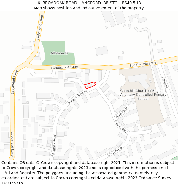 6, BROADOAK ROAD, LANGFORD, BRISTOL, BS40 5HB: Location map and indicative extent of plot