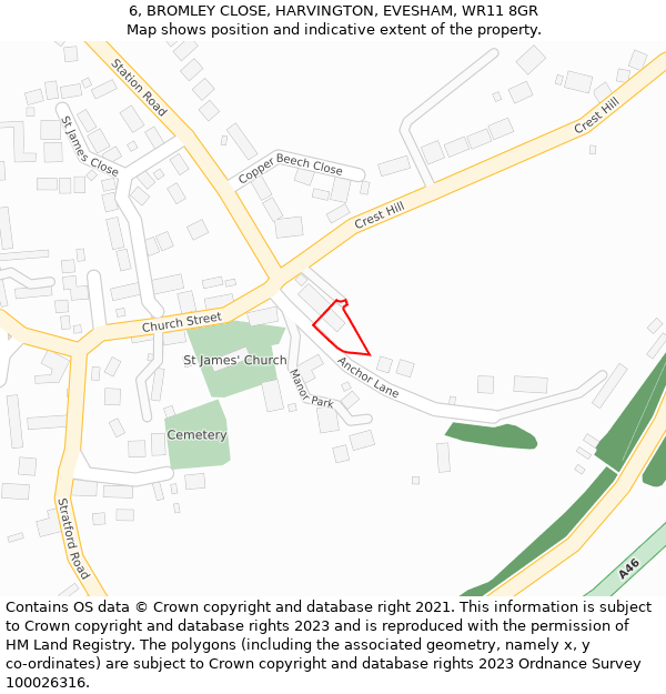 6, BROMLEY CLOSE, HARVINGTON, EVESHAM, WR11 8GR: Location map and indicative extent of plot