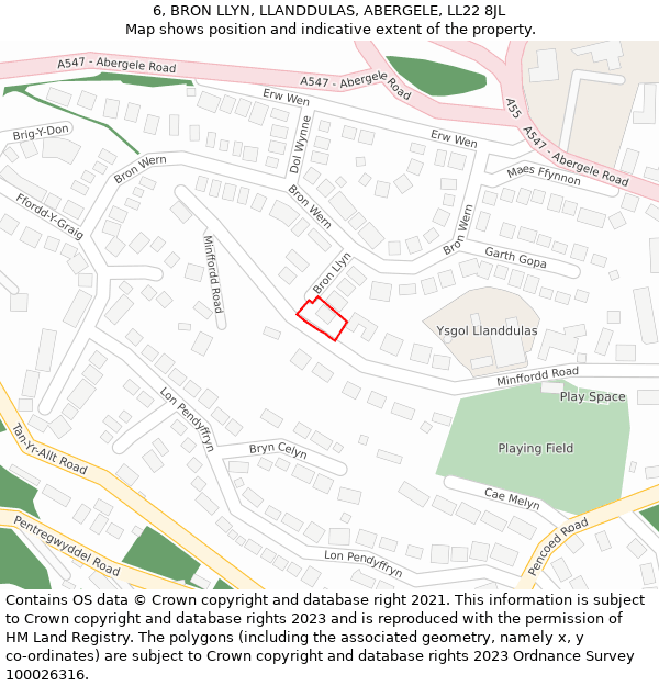 6, BRON LLYN, LLANDDULAS, ABERGELE, LL22 8JL: Location map and indicative extent of plot