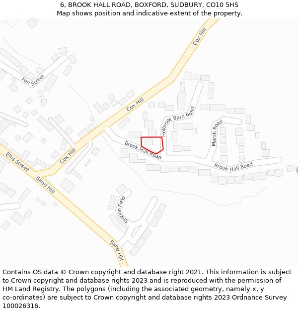 6, BROOK HALL ROAD, BOXFORD, SUDBURY, CO10 5HS: Location map and indicative extent of plot