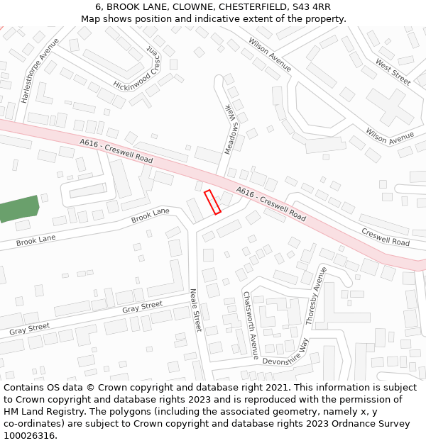 6, BROOK LANE, CLOWNE, CHESTERFIELD, S43 4RR: Location map and indicative extent of plot