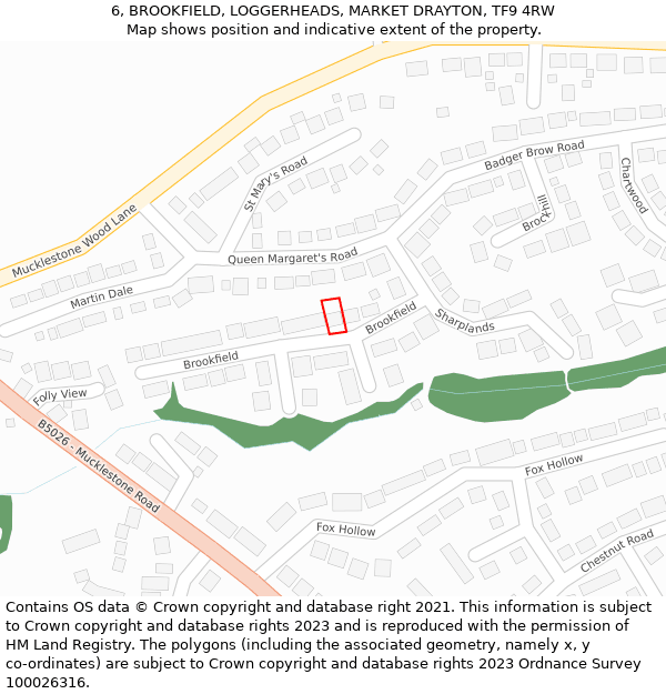 6, BROOKFIELD, LOGGERHEADS, MARKET DRAYTON, TF9 4RW: Location map and indicative extent of plot