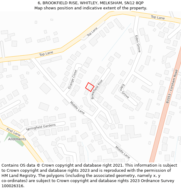 6, BROOKFIELD RISE, WHITLEY, MELKSHAM, SN12 8QP: Location map and indicative extent of plot