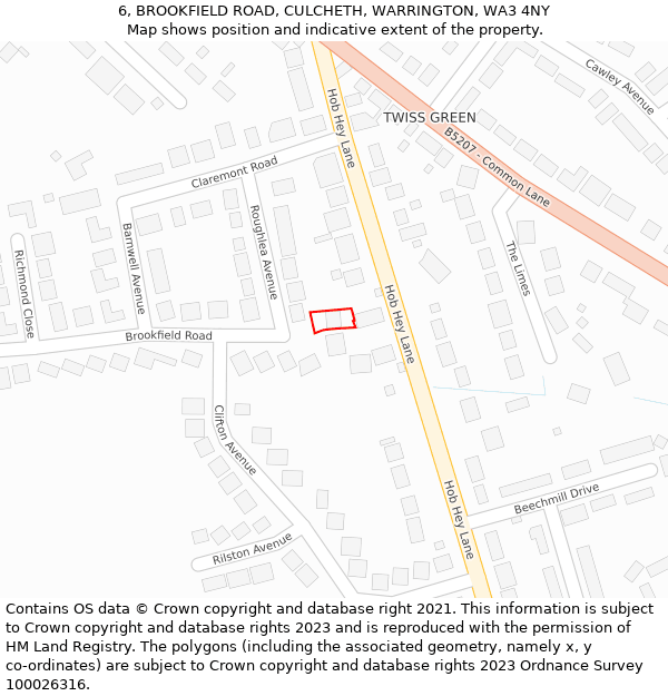 6, BROOKFIELD ROAD, CULCHETH, WARRINGTON, WA3 4NY: Location map and indicative extent of plot