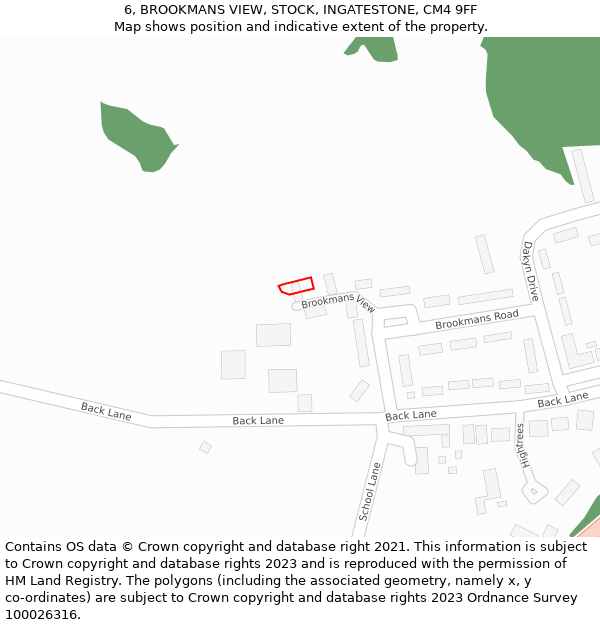 6, BROOKMANS VIEW, STOCK, INGATESTONE, CM4 9FF: Location map and indicative extent of plot