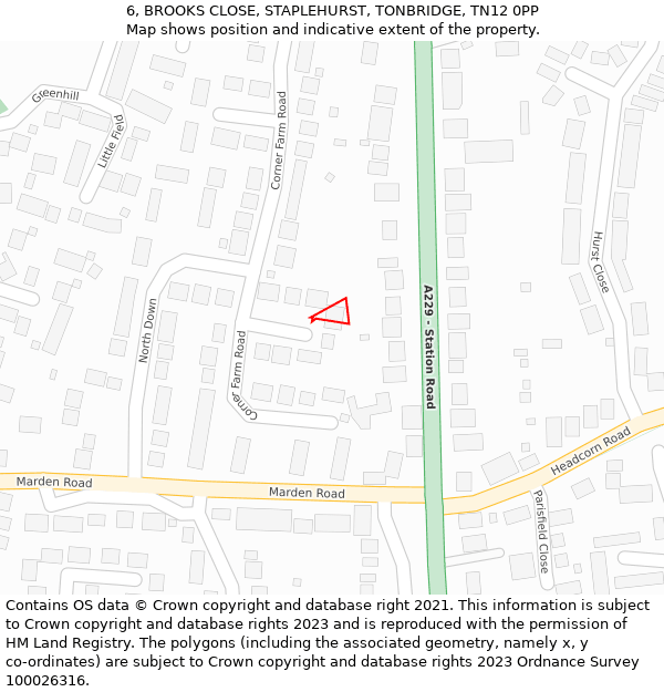 6, BROOKS CLOSE, STAPLEHURST, TONBRIDGE, TN12 0PP: Location map and indicative extent of plot