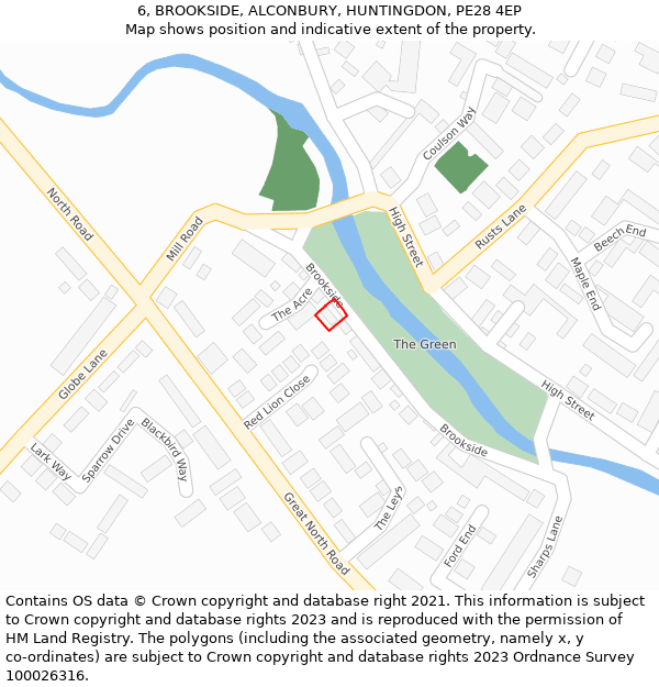 6, BROOKSIDE, ALCONBURY, HUNTINGDON, PE28 4EP: Location map and indicative extent of plot