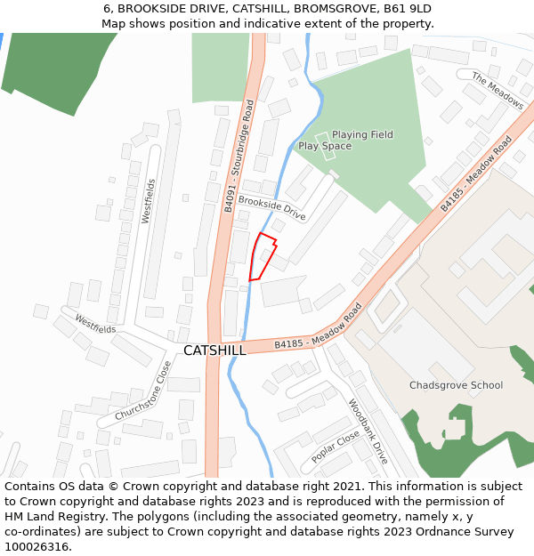 6, BROOKSIDE DRIVE, CATSHILL, BROMSGROVE, B61 9LD: Location map and indicative extent of plot