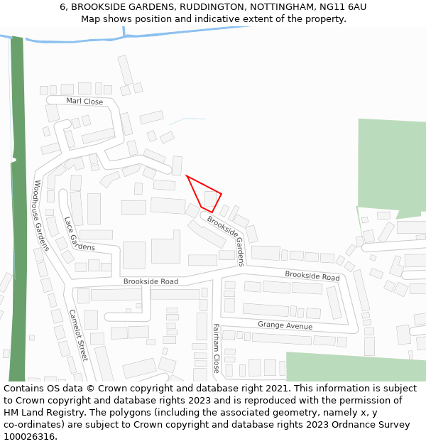 6, BROOKSIDE GARDENS, RUDDINGTON, NOTTINGHAM, NG11 6AU: Location map and indicative extent of plot