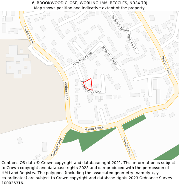 6, BROOKWOOD CLOSE, WORLINGHAM, BECCLES, NR34 7RJ: Location map and indicative extent of plot