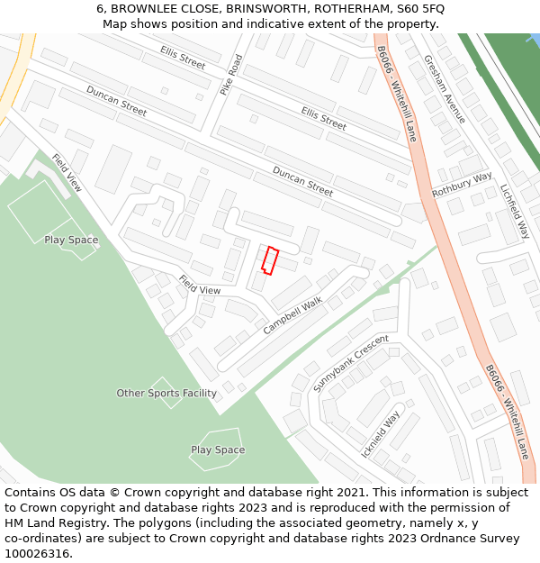 6, BROWNLEE CLOSE, BRINSWORTH, ROTHERHAM, S60 5FQ: Location map and indicative extent of plot