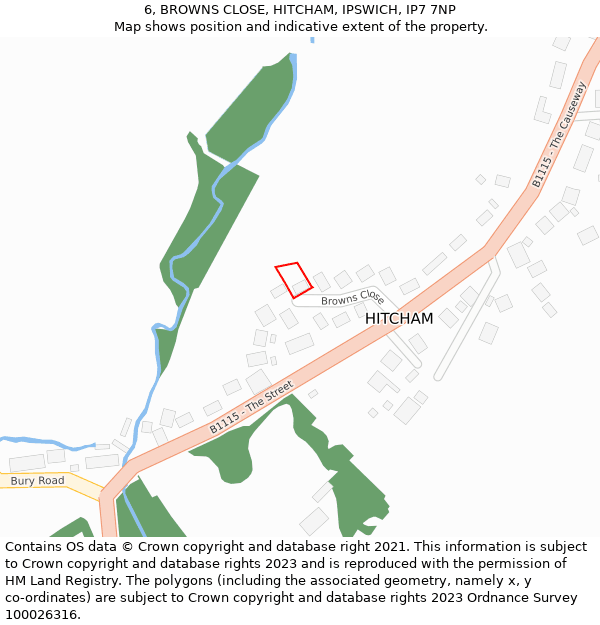 6, BROWNS CLOSE, HITCHAM, IPSWICH, IP7 7NP: Location map and indicative extent of plot