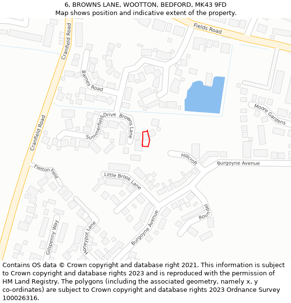 6, BROWNS LANE, WOOTTON, BEDFORD, MK43 9FD: Location map and indicative extent of plot