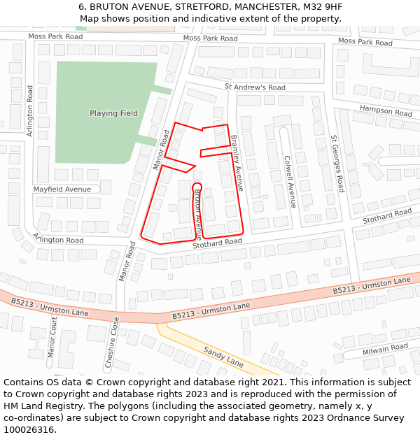 6, BRUTON AVENUE, STRETFORD, MANCHESTER, M32 9HF: Location map and indicative extent of plot