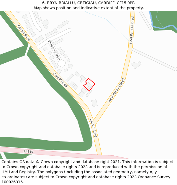 6, BRYN BRIALLU, CREIGIAU, CARDIFF, CF15 9PR: Location map and indicative extent of plot