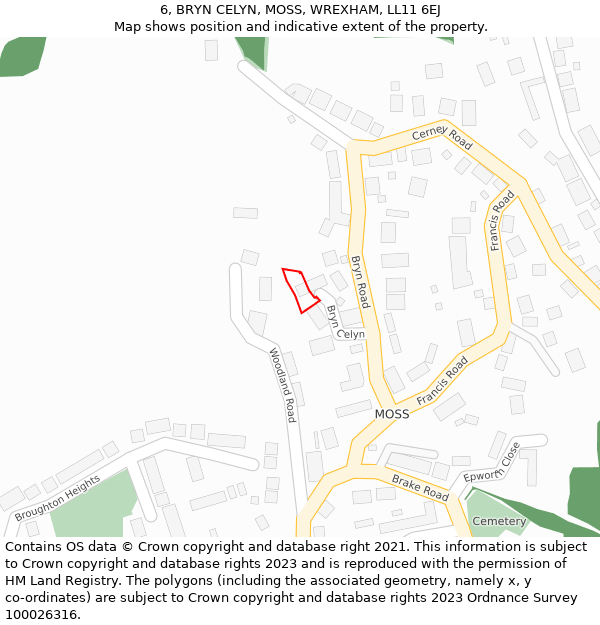 6, BRYN CELYN, MOSS, WREXHAM, LL11 6EJ: Location map and indicative extent of plot