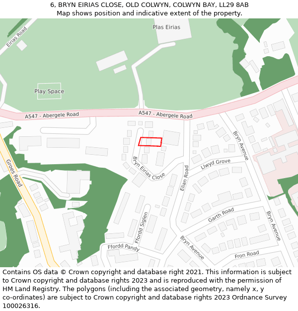 6, BRYN EIRIAS CLOSE, OLD COLWYN, COLWYN BAY, LL29 8AB: Location map and indicative extent of plot