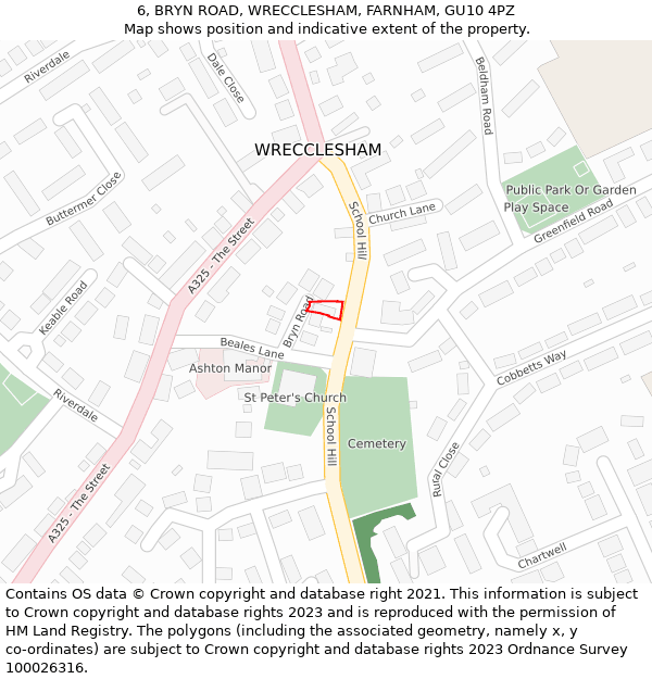 6, BRYN ROAD, WRECCLESHAM, FARNHAM, GU10 4PZ: Location map and indicative extent of plot