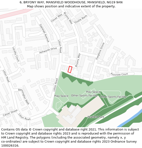 6, BRYONY WAY, MANSFIELD WOODHOUSE, MANSFIELD, NG19 9AN: Location map and indicative extent of plot
