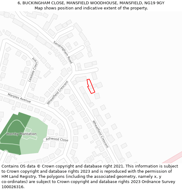 6, BUCKINGHAM CLOSE, MANSFIELD WOODHOUSE, MANSFIELD, NG19 9GY: Location map and indicative extent of plot