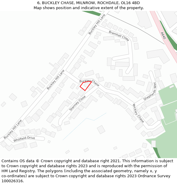 6, BUCKLEY CHASE, MILNROW, ROCHDALE, OL16 4BD: Location map and indicative extent of plot