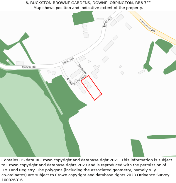 6, BUCKSTON BROWNE GARDENS, DOWNE, ORPINGTON, BR6 7FF: Location map and indicative extent of plot
