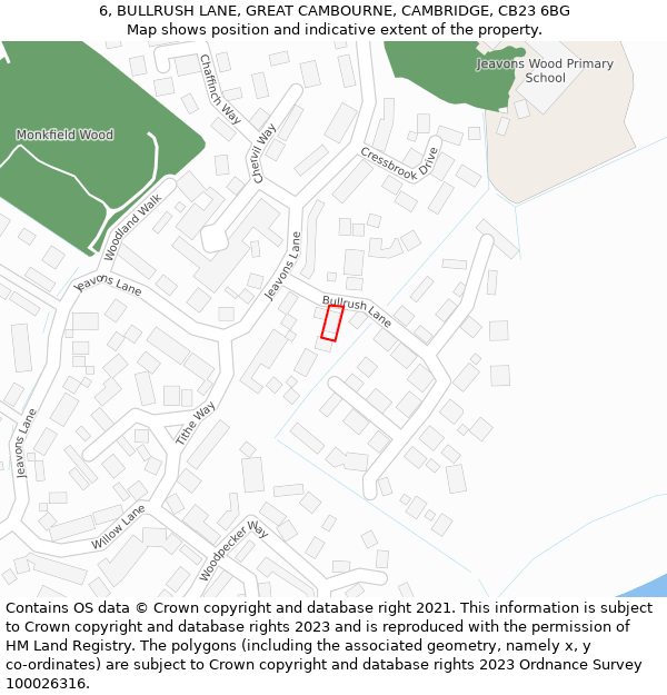 6, BULLRUSH LANE, GREAT CAMBOURNE, CAMBRIDGE, CB23 6BG: Location map and indicative extent of plot