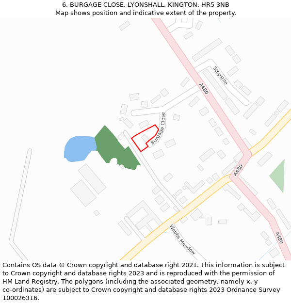 6, BURGAGE CLOSE, LYONSHALL, KINGTON, HR5 3NB: Location map and indicative extent of plot