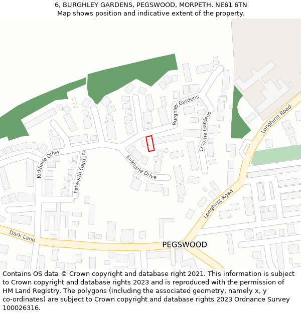 6, BURGHLEY GARDENS, PEGSWOOD, MORPETH, NE61 6TN: Location map and indicative extent of plot