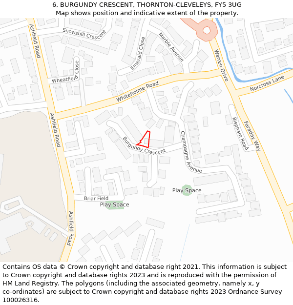 6, BURGUNDY CRESCENT, THORNTON-CLEVELEYS, FY5 3UG: Location map and indicative extent of plot