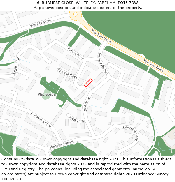 6, BURMESE CLOSE, WHITELEY, FAREHAM, PO15 7DW: Location map and indicative extent of plot