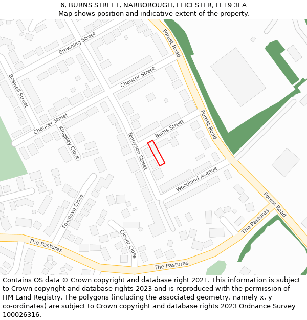 6, BURNS STREET, NARBOROUGH, LEICESTER, LE19 3EA: Location map and indicative extent of plot