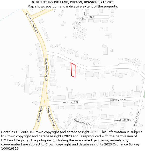 6, BURNT HOUSE LANE, KIRTON, IPSWICH, IP10 0PZ: Location map and indicative extent of plot