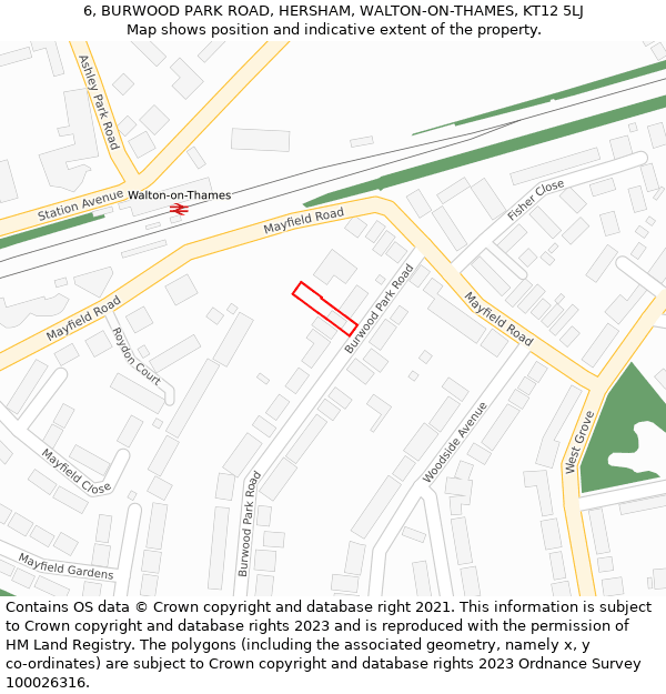 6, BURWOOD PARK ROAD, HERSHAM, WALTON-ON-THAMES, KT12 5LJ: Location map and indicative extent of plot