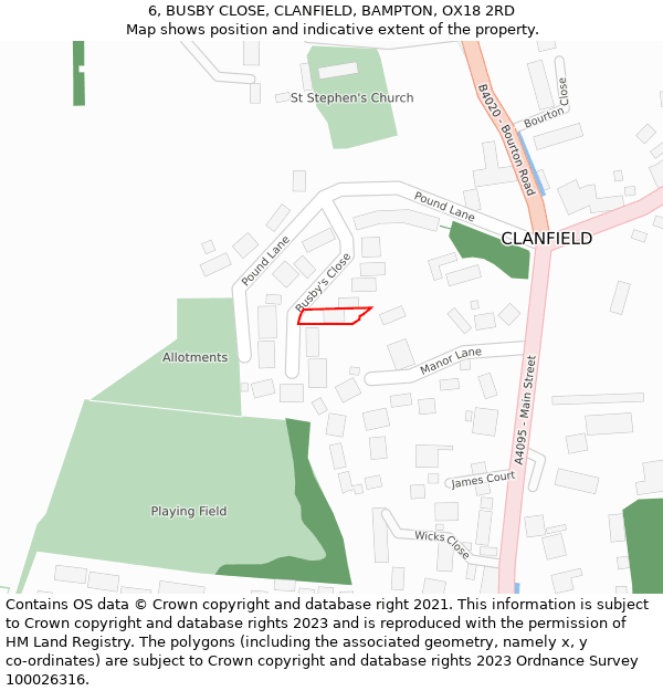 6, BUSBY CLOSE, CLANFIELD, BAMPTON, OX18 2RD: Location map and indicative extent of plot