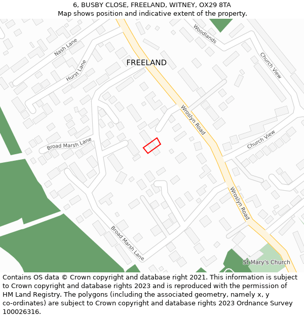 6, BUSBY CLOSE, FREELAND, WITNEY, OX29 8TA: Location map and indicative extent of plot