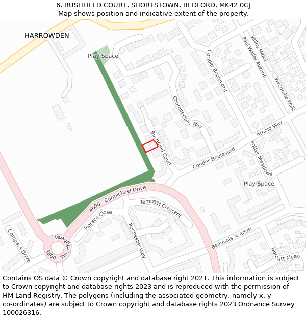 6, BUSHFIELD COURT, SHORTSTOWN, BEDFORD, MK42 0GJ: Location map and indicative extent of plot