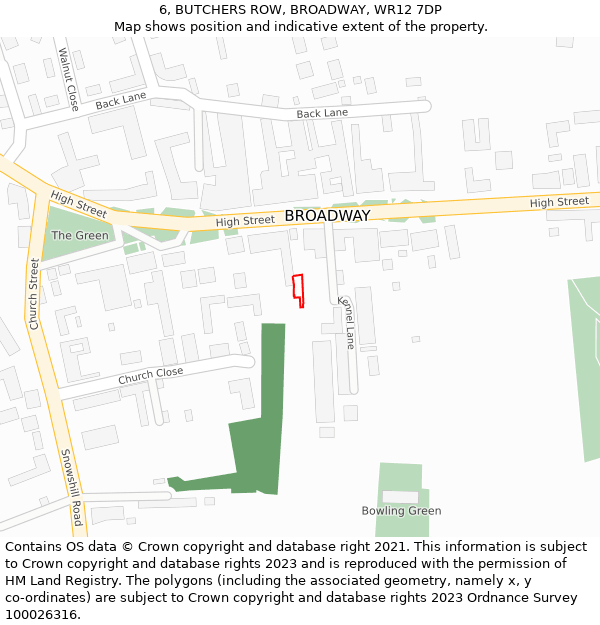 6, BUTCHERS ROW, BROADWAY, WR12 7DP: Location map and indicative extent of plot
