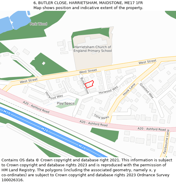 6, BUTLER CLOSE, HARRIETSHAM, MAIDSTONE, ME17 1FR: Location map and indicative extent of plot