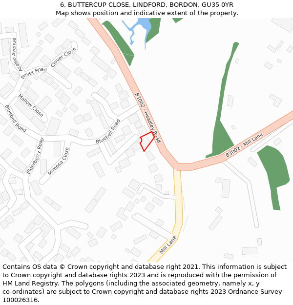 6, BUTTERCUP CLOSE, LINDFORD, BORDON, GU35 0YR: Location map and indicative extent of plot