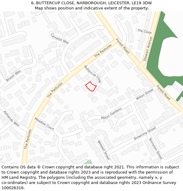 6, BUTTERCUP CLOSE, NARBOROUGH, LEICESTER, LE19 3DW: Location map and indicative extent of plot