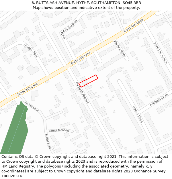 6, BUTTS ASH AVENUE, HYTHE, SOUTHAMPTON, SO45 3RB: Location map and indicative extent of plot