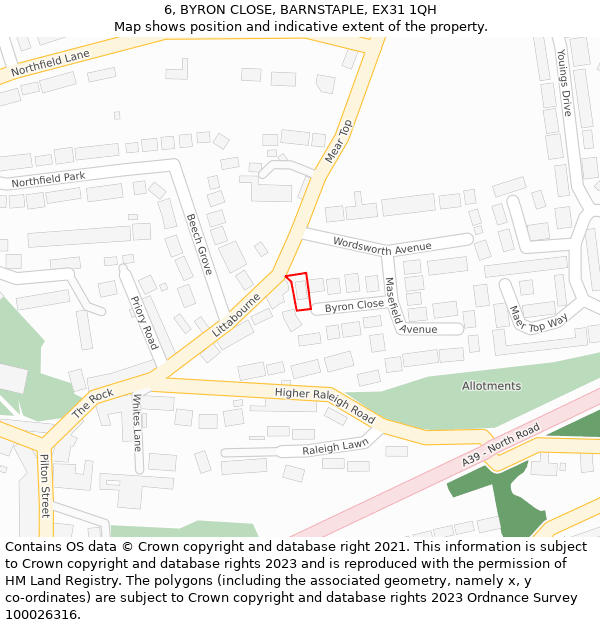 6, BYRON CLOSE, BARNSTAPLE, EX31 1QH: Location map and indicative extent of plot