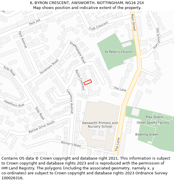 6, BYRON CRESCENT, AWSWORTH, NOTTINGHAM, NG16 2SX: Location map and indicative extent of plot